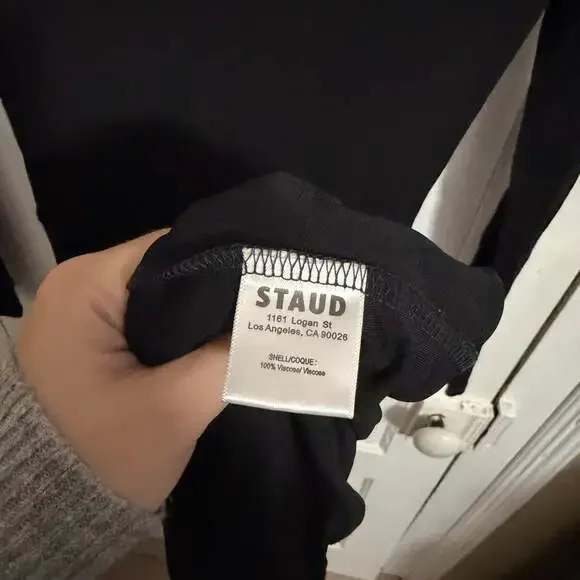 Staud Gres Midi Dress Black Ruched Slimming Long Sleeve Boat Neck Minimal Small - Picture 7 of 12